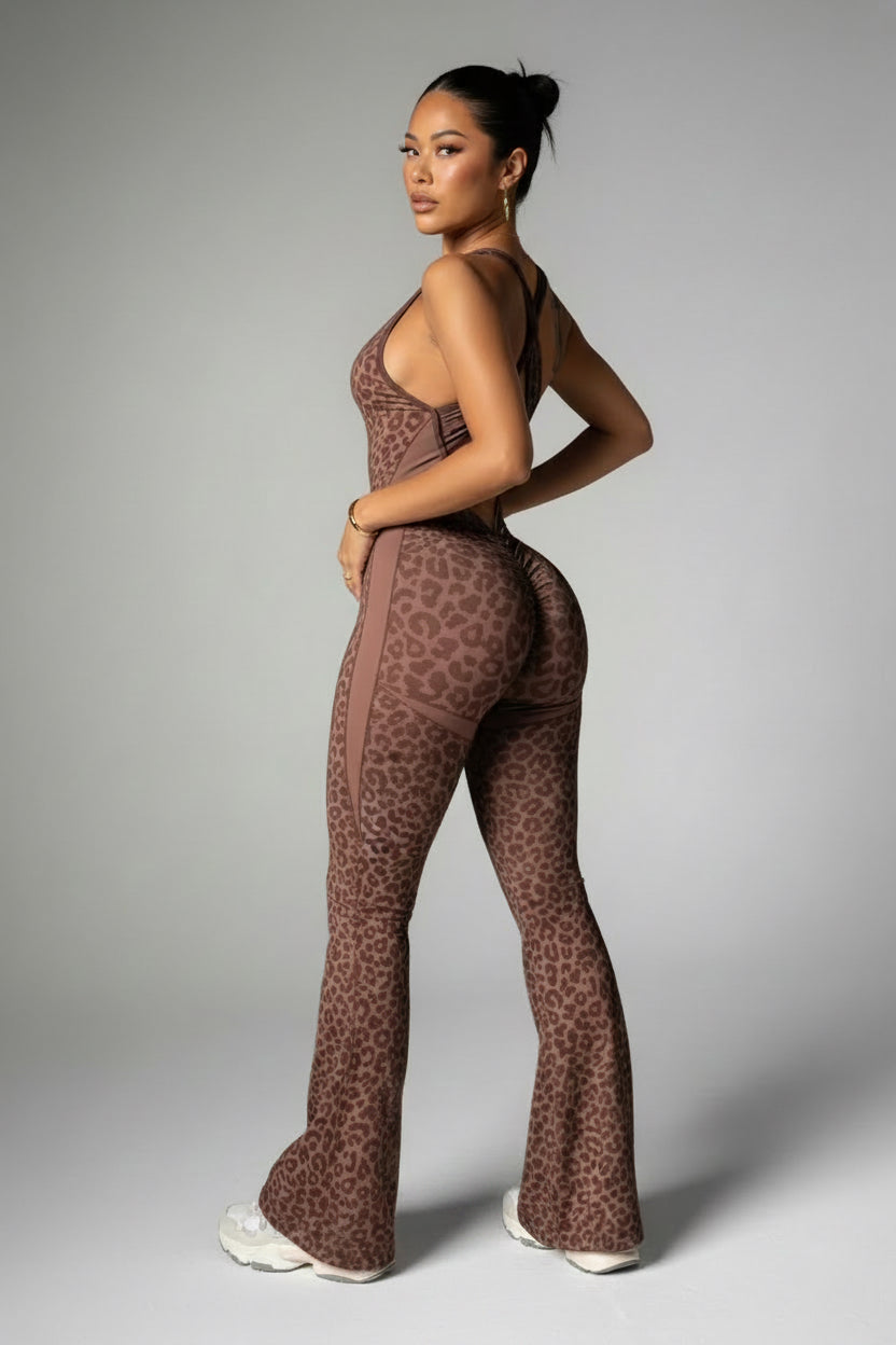Leopardess Luxe Catsuit (Flared)- Bronze Brown